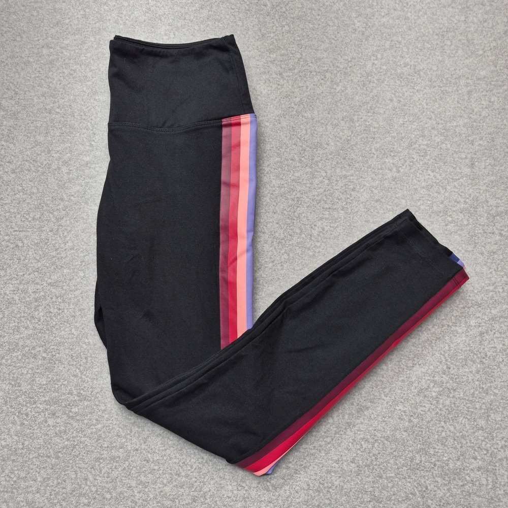 Victoria Secret PINK Leggings Womens L Black Rainbow Stripe High Waisted Yoga